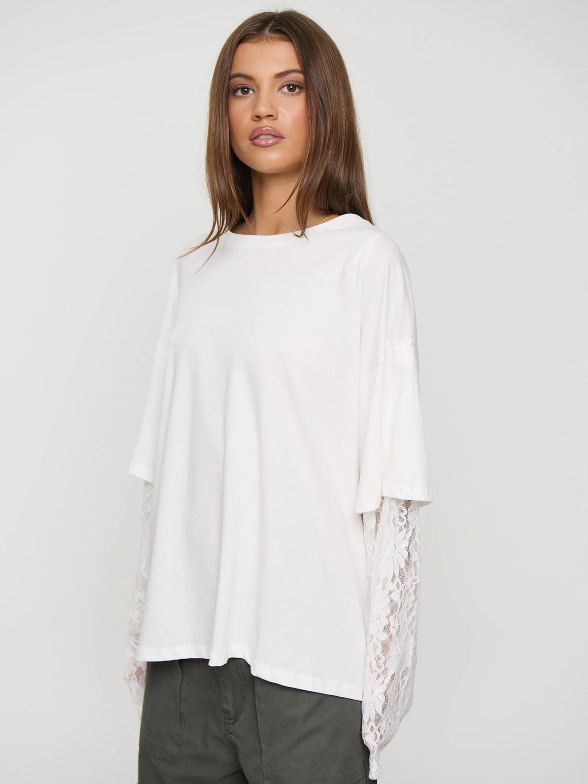 Lace Sleeve Drop Shoulder Round Neck Long Sleeve Top
