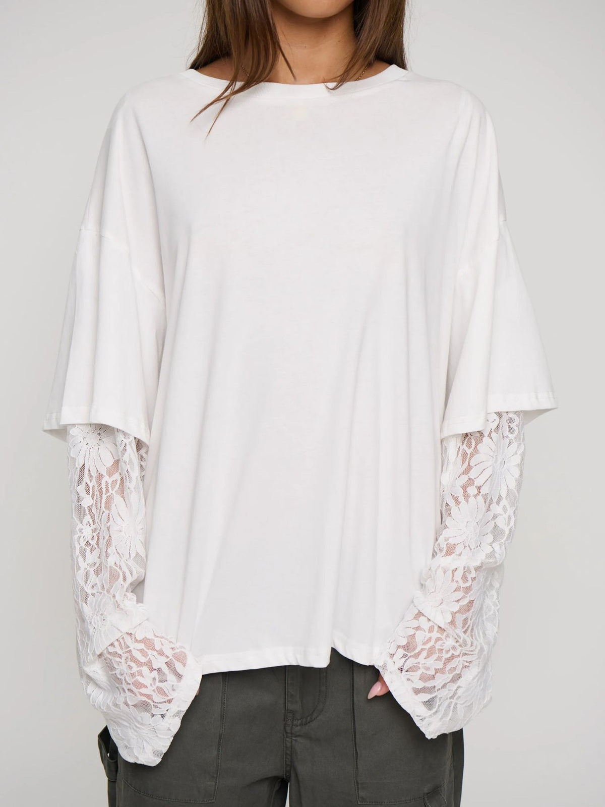 Lace Sleeve Drop Shoulder Round Neck Long Sleeve Top