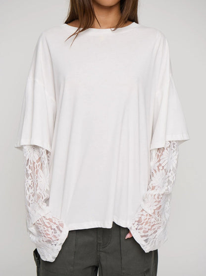 Lace Sleeve Drop Shoulder Round Neck Long Sleeve Top