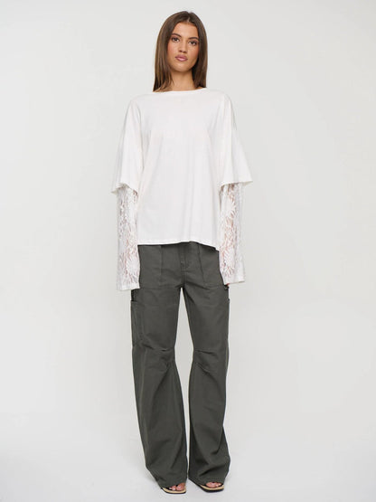 Lace Sleeve Drop Shoulder Round Neck Long Sleeve Top