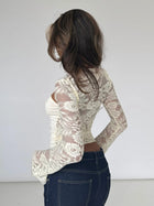 Lace Panel Mock Neck Cropped Top with Bell Sleeves
