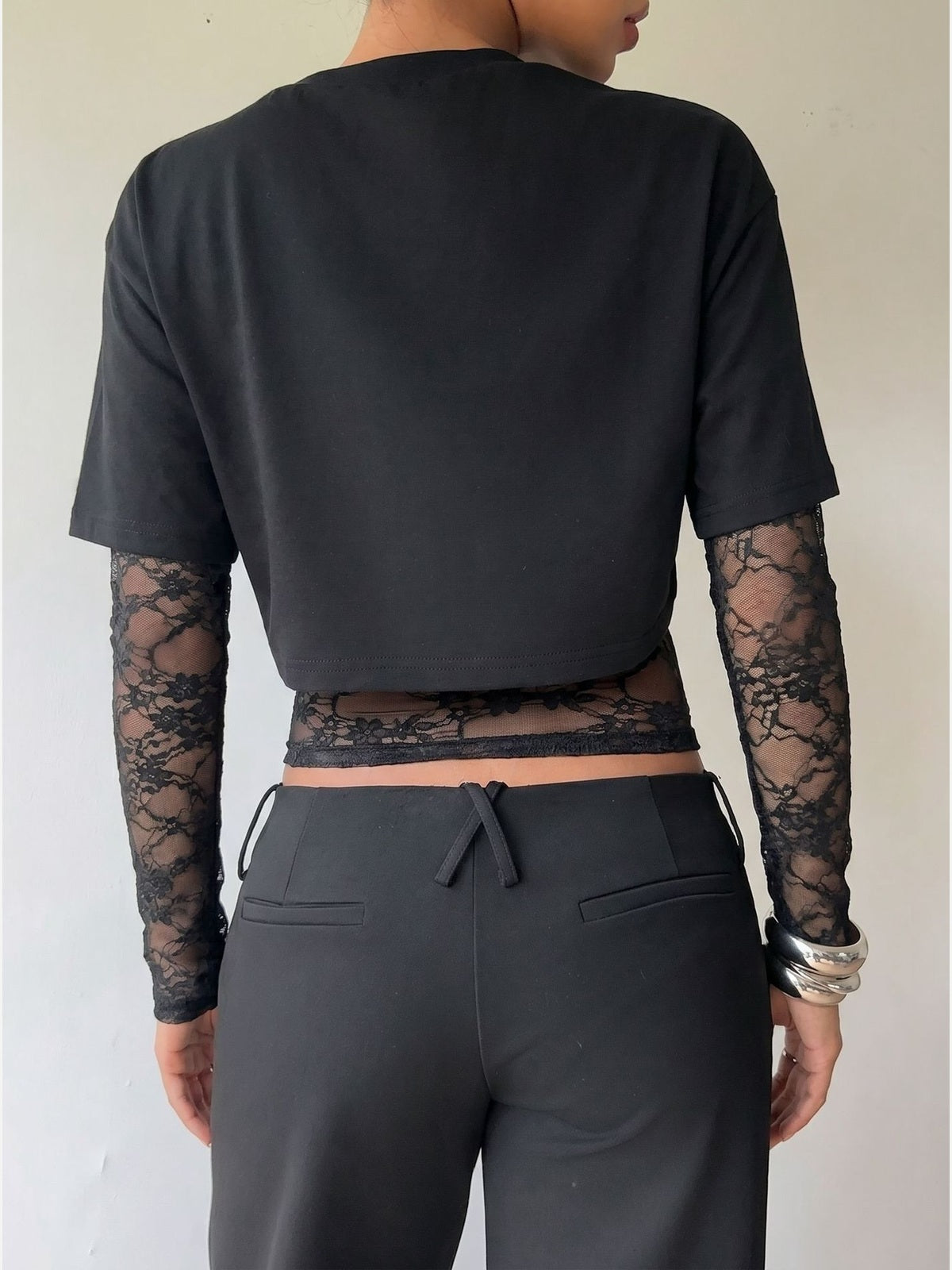 Sheer Lace Panel Cropped Long Sleeve Top