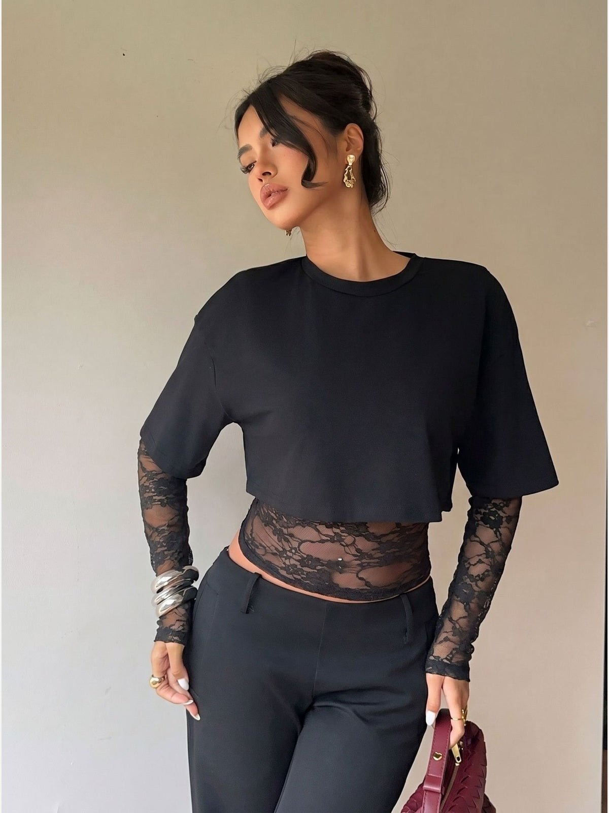 Sheer Lace Panel Cropped Long Sleeve Top