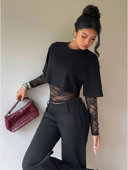 Sheer Lace Panel Cropped Long Sleeve Top