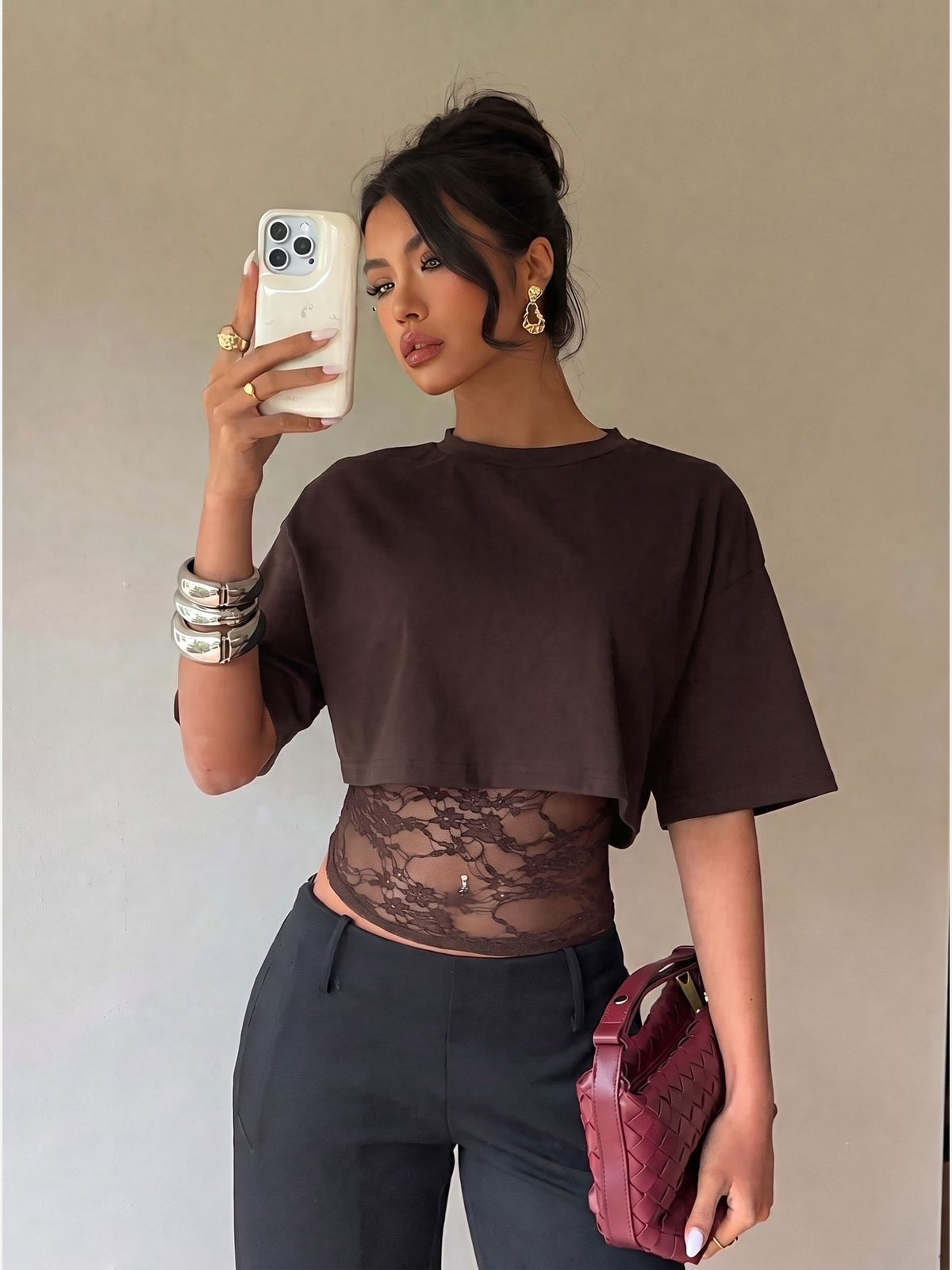 Sheer Lace Panel Cropped Long Sleeve Top