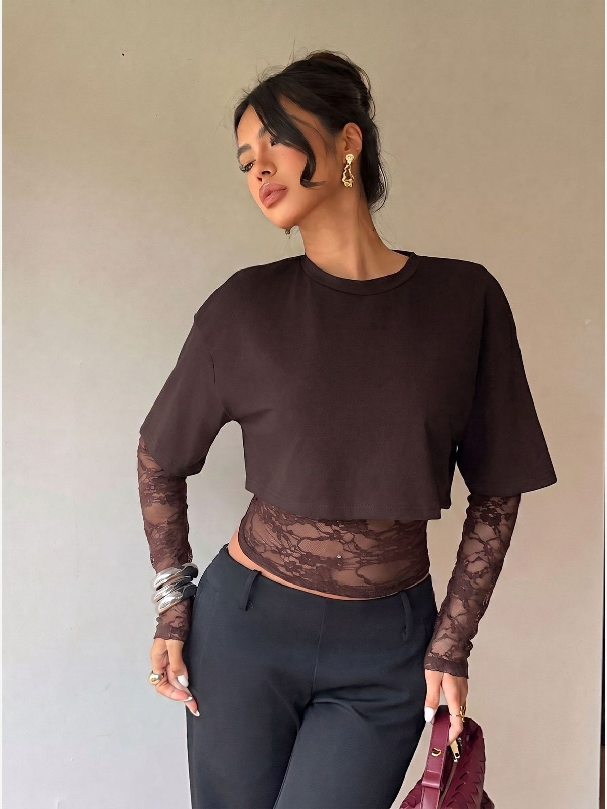 Sheer Lace Panel Cropped Long Sleeve Top