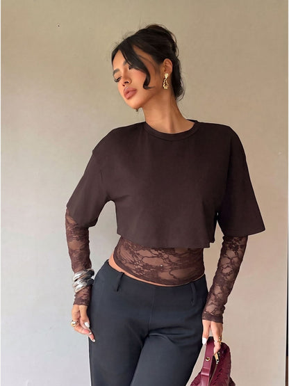Sheer Lace Panel Cropped Long Sleeve Top