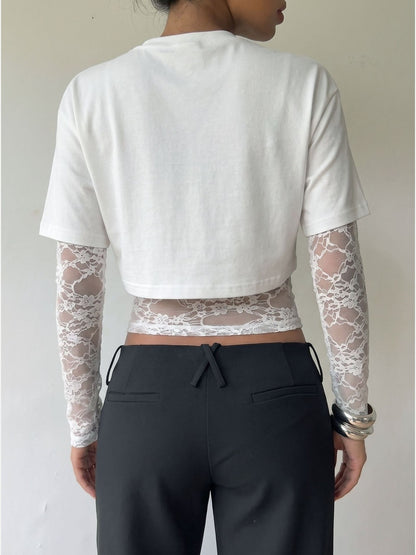 Sheer Lace Panel Cropped Long Sleeve Top