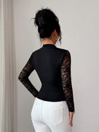 Black Lace Spliced Mock Neck Keyhole Long Sleeve Top