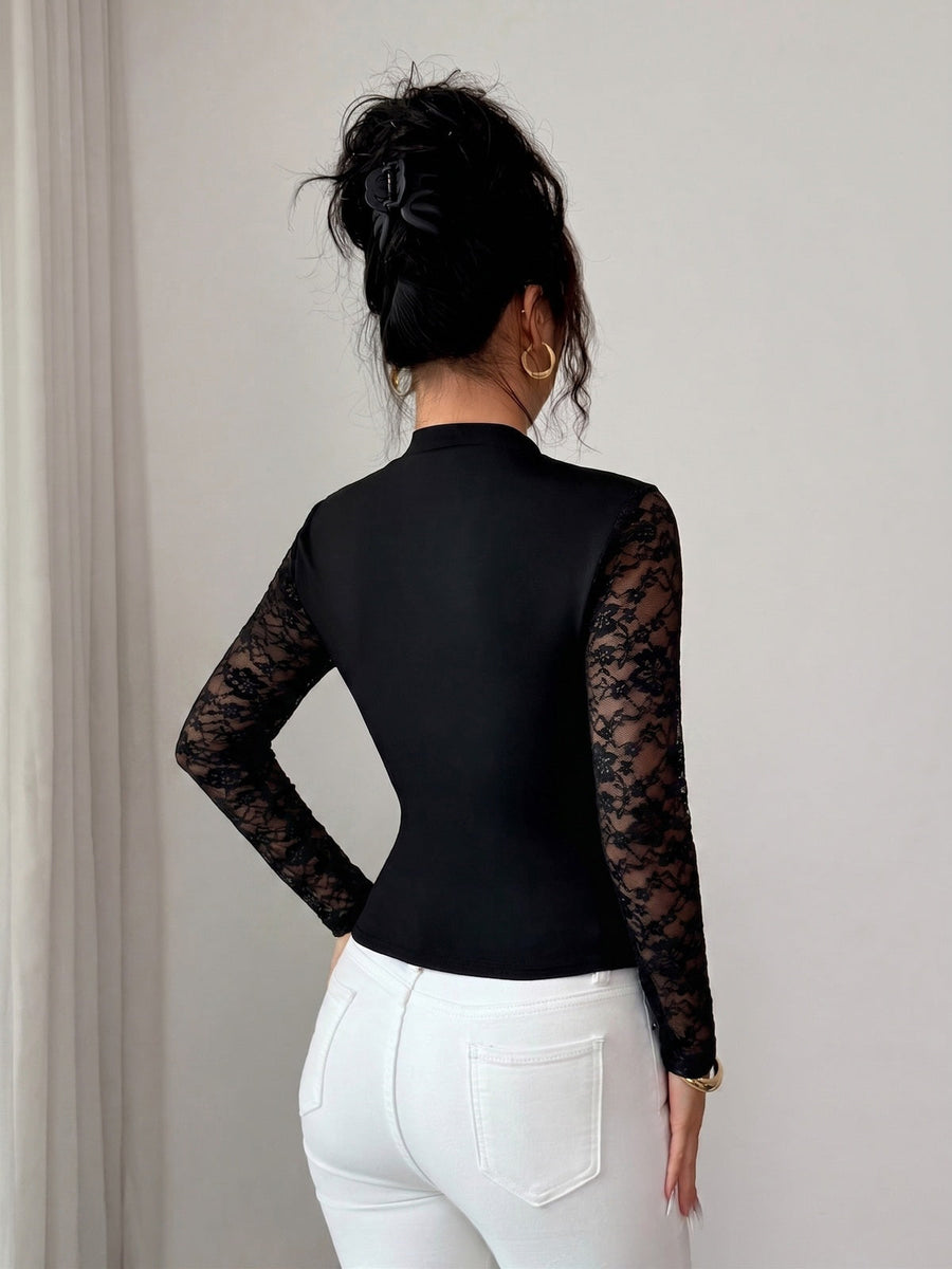 Black Lace Spliced Mock Neck Keyhole Long Sleeve Top