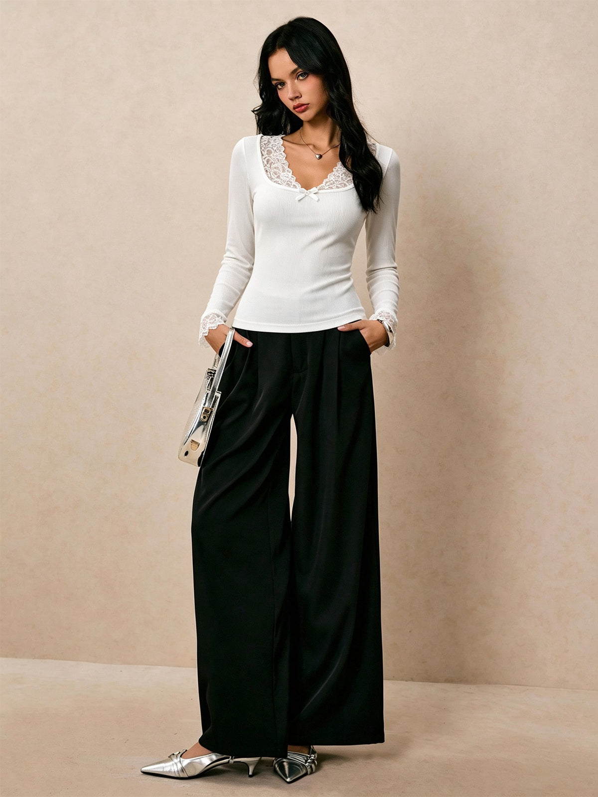 Ribbed Lace-Trim V-Neck Long Sleeve Top