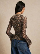 Leopard Print Mesh Square Neck Top with Flared Sleeves