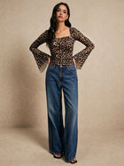 Leopard Print Mesh Square Neck Top with Flared Sleeves