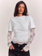 Lace Spliced Ruched T-Shirt with Thumbholes