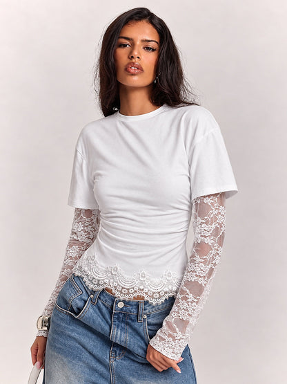 Lace Spliced Ruched T-Shirt with Thumbholes