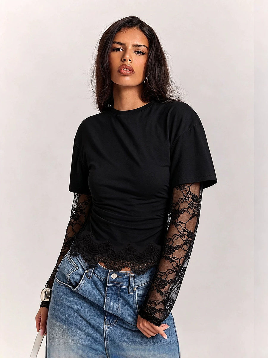 Lace Spliced Ruched T-Shirt with Thumbholes