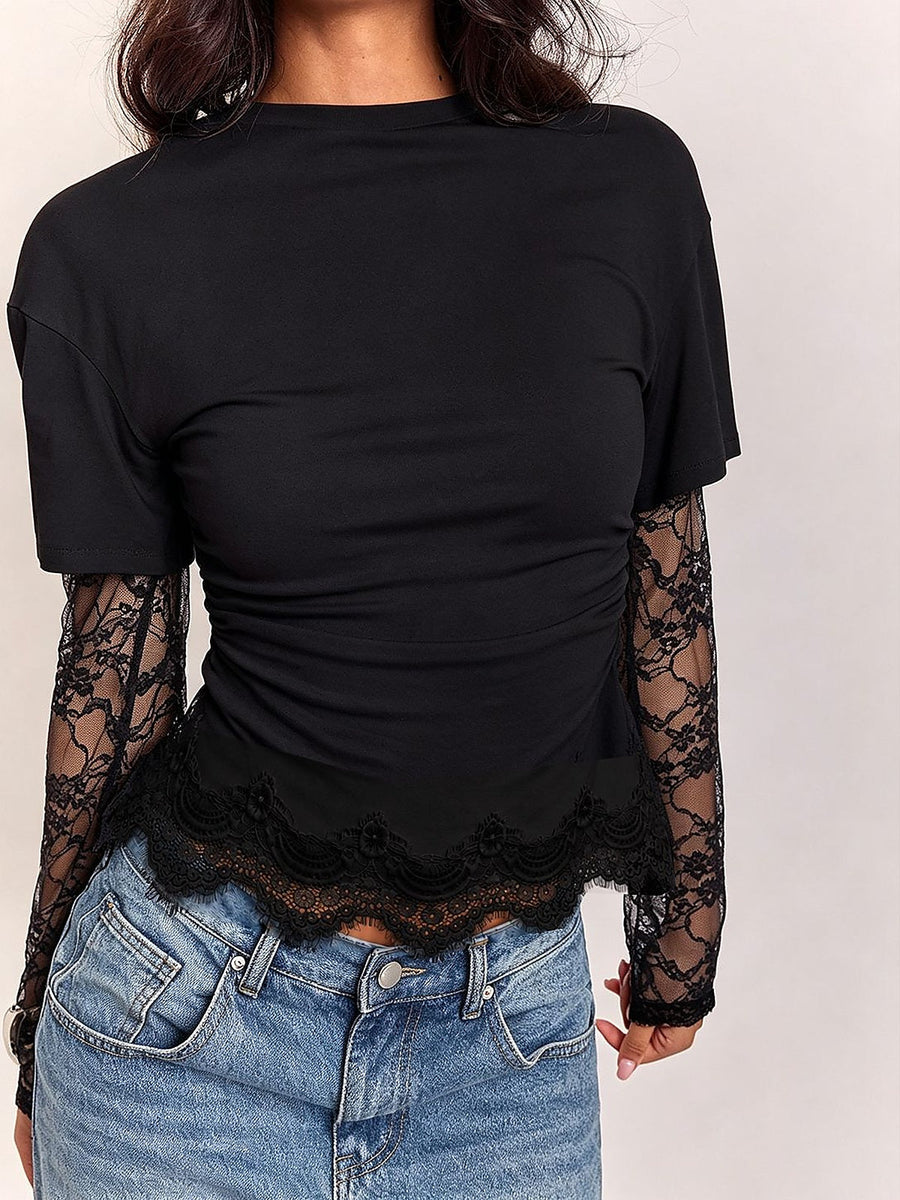 Lace Spliced Ruched T-Shirt with Thumbholes