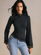 Lace Trim Mock Neck Bell Sleeve Top