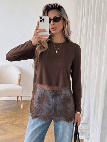 Lace Panel Cropped Long Sleeve T-Shirt