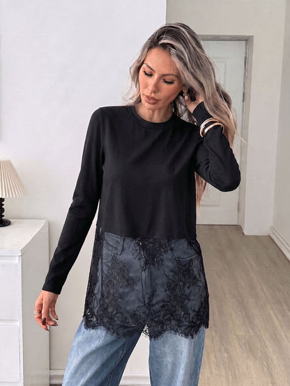 Lace Panel Cropped Long Sleeve T-Shirt