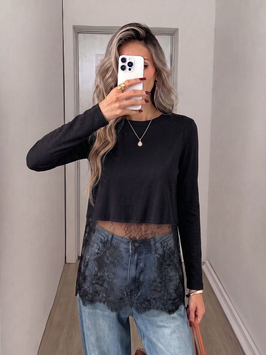 Lace Panel Cropped Long Sleeve T-Shirt