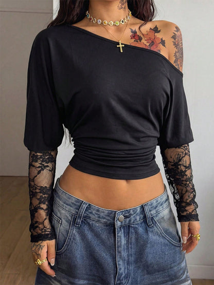 Asymmetric Off-Shoulder Cropped Top with Lace Sleeves