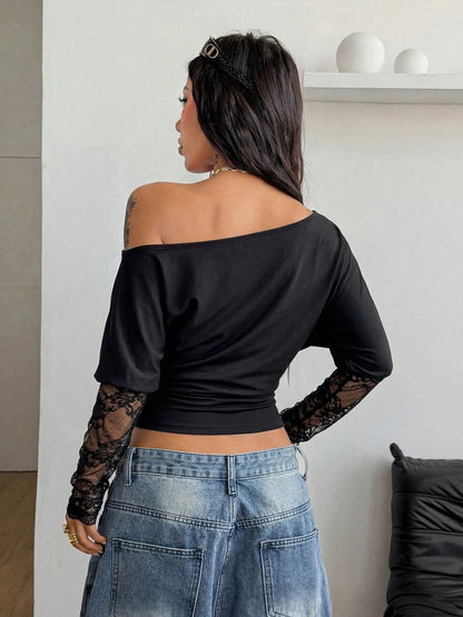 Asymmetric Off-Shoulder Cropped Top with Lace Sleeves