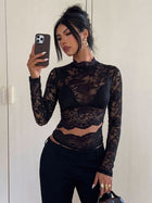 Sheer Floral Lace Mock Neck Long Sleeve Top with Waist Cut-Out