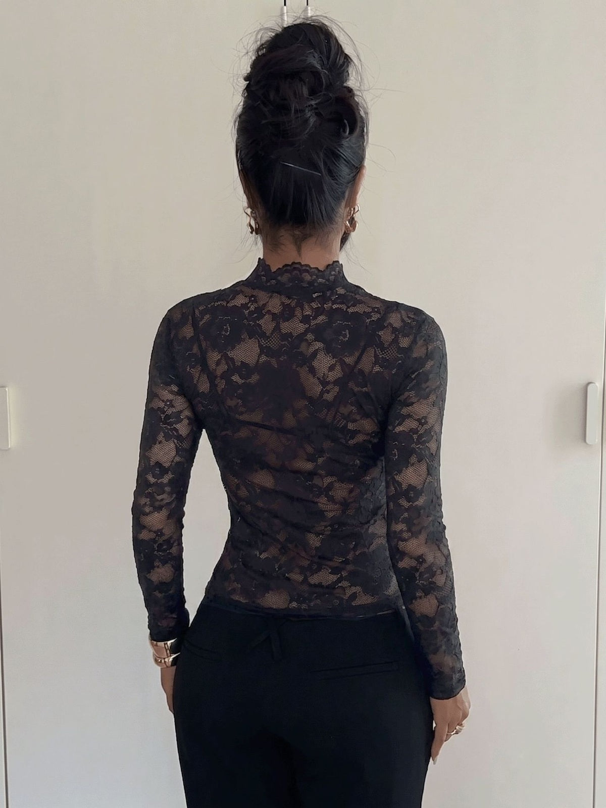 Sheer Floral Lace Mock Neck Long Sleeve Top with Waist Cut-Out