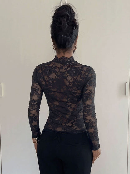 Sheer Floral Lace Mock Neck Long Sleeve Top with Waist Cut-Out