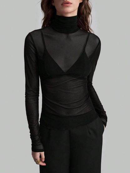 Sheer Mesh Fitted Turtleneck Top