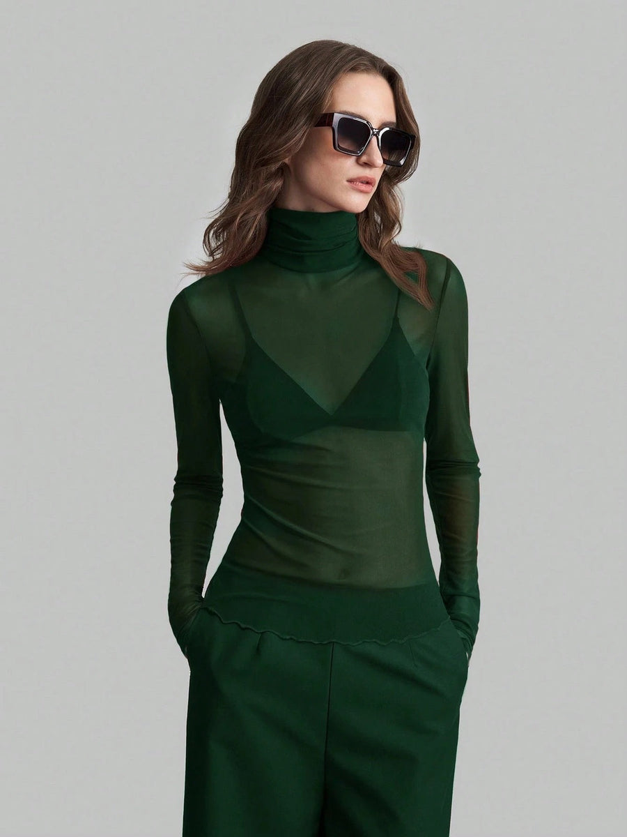 Sheer Mesh Fitted Turtleneck Top