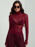 Sheer Mesh Fitted Turtleneck Top