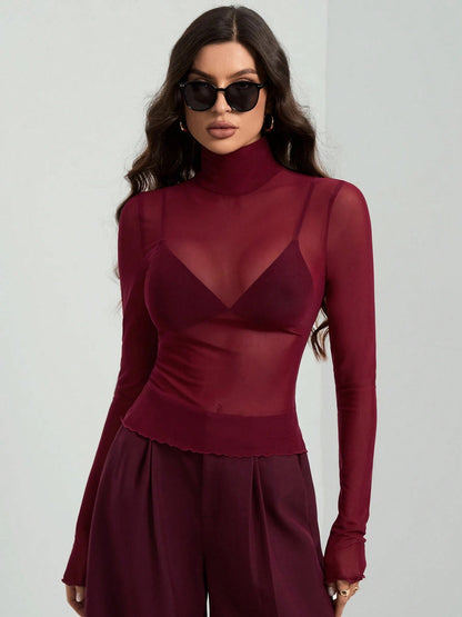 Sheer Mesh Fitted Turtleneck Top
