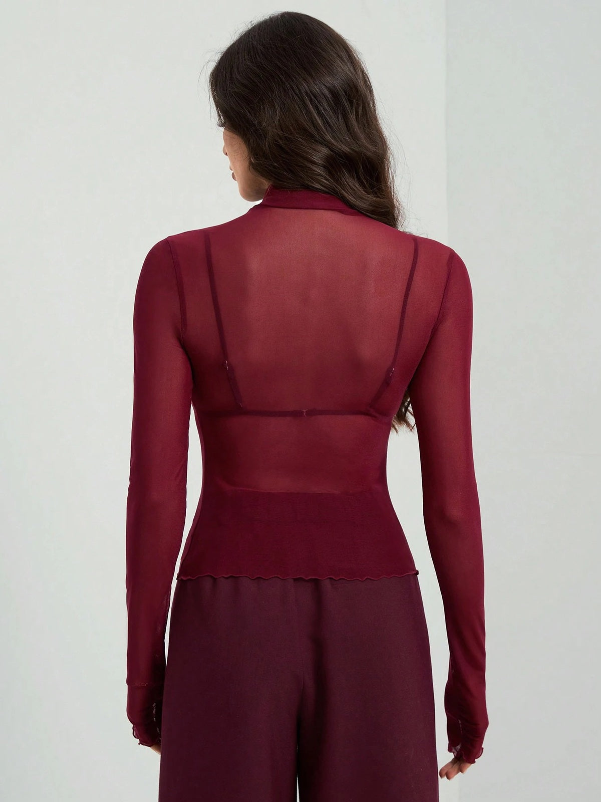 Sheer Mesh Fitted Turtleneck Top