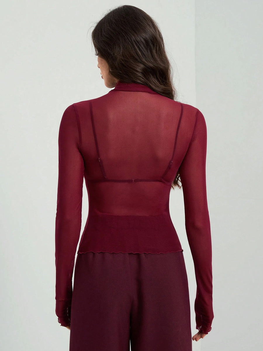 Sheer Mesh Fitted Turtleneck Top
