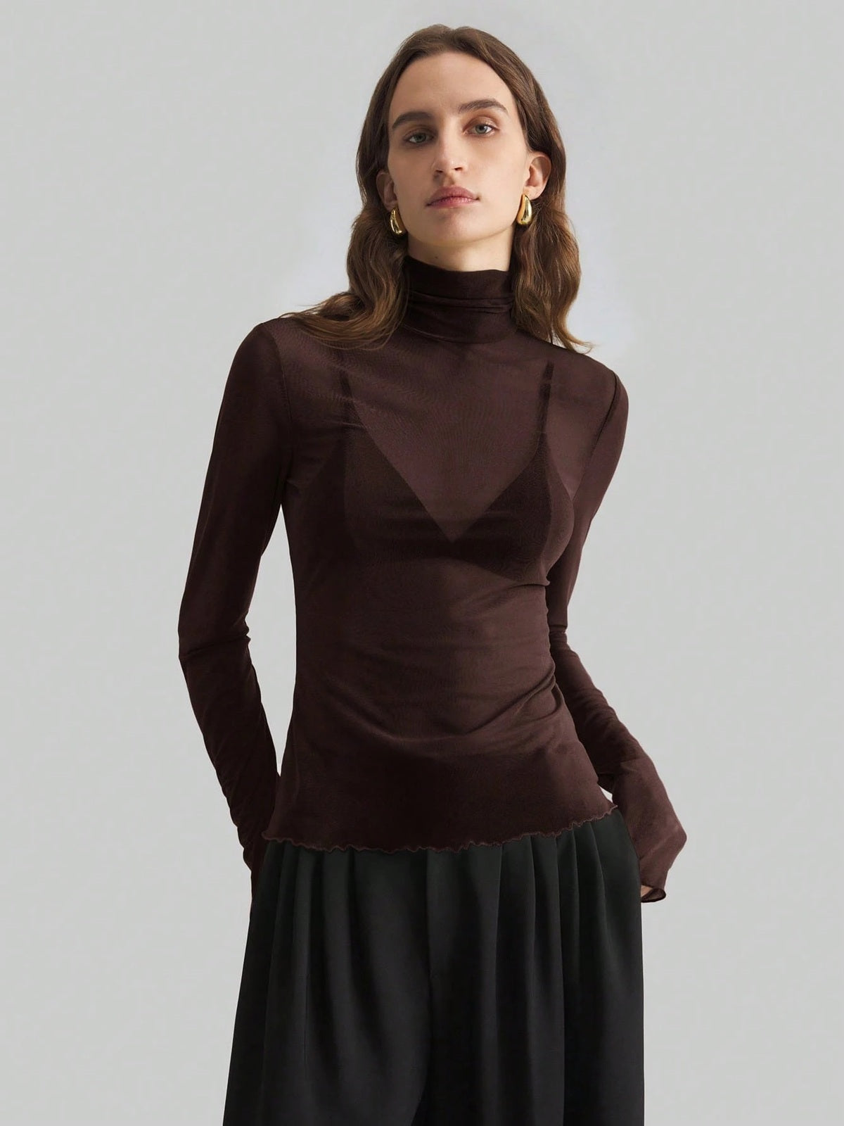 Sheer Mesh Fitted Turtleneck Top