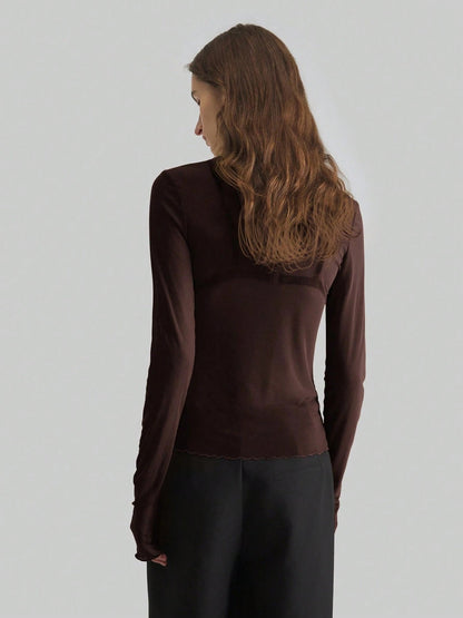 Sheer Mesh Fitted Turtleneck Top