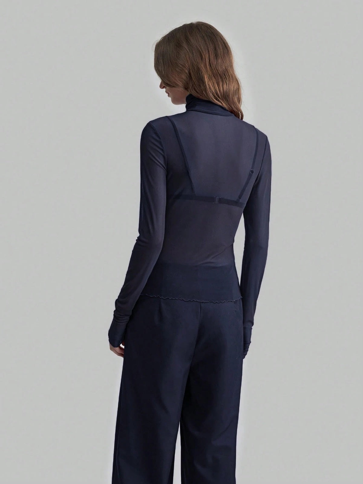 Sheer Mesh Fitted Turtleneck Top