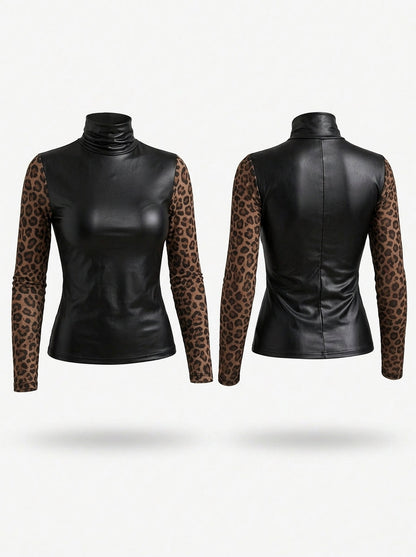 Black Faux Leather Leopard Print Turtleneck Long Sleeve Top