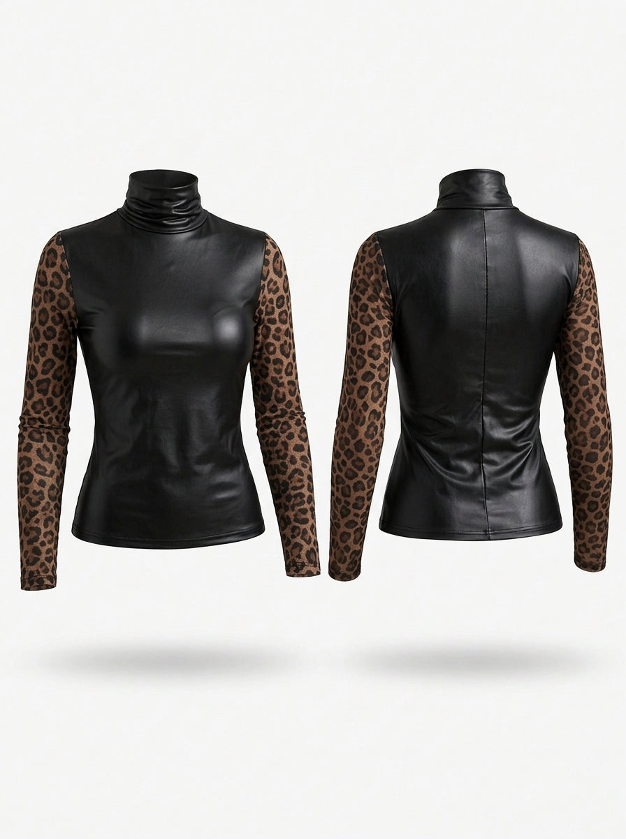 Black Faux Leather Leopard Print Turtleneck Long Sleeve Top