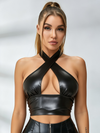 Crisscross Halter Faux-Leather Crop Top & Corset Leggings Set