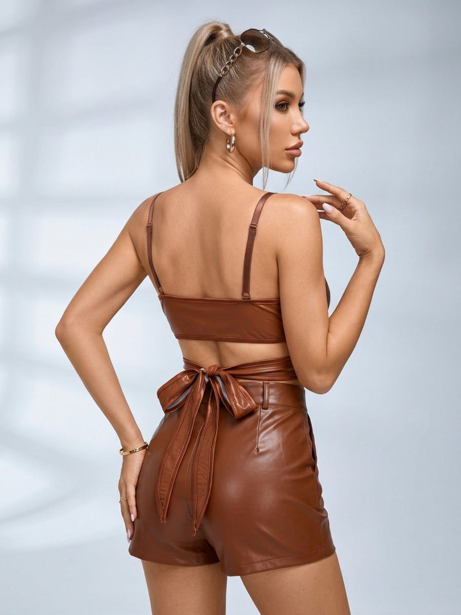 Faux Leather Wrap Cami Top Back Tie Design