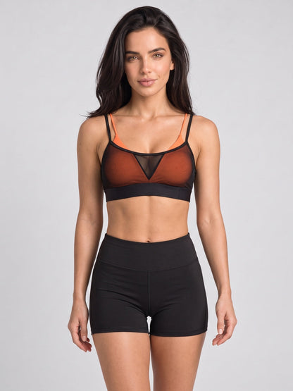 Women's Color Block Sheer Mesh Sports Bra with Removable Pads