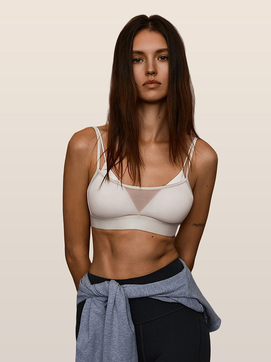 Women's Color Block Sheer Mesh Sports Bra with Removable Pads