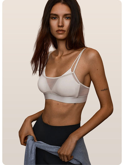 Women's Color Block Sheer Mesh Sports Bra with Removable Pads