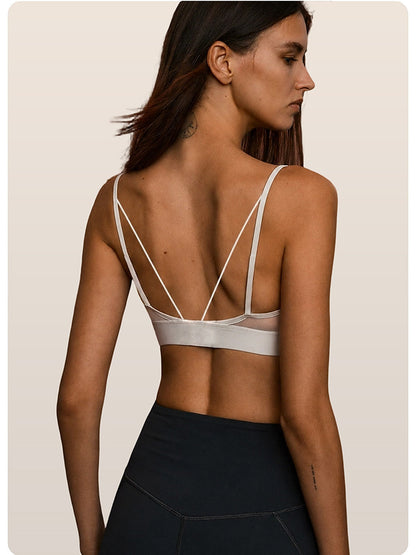 Women's Color Block Sheer Mesh Sports Bra with Removable Pads