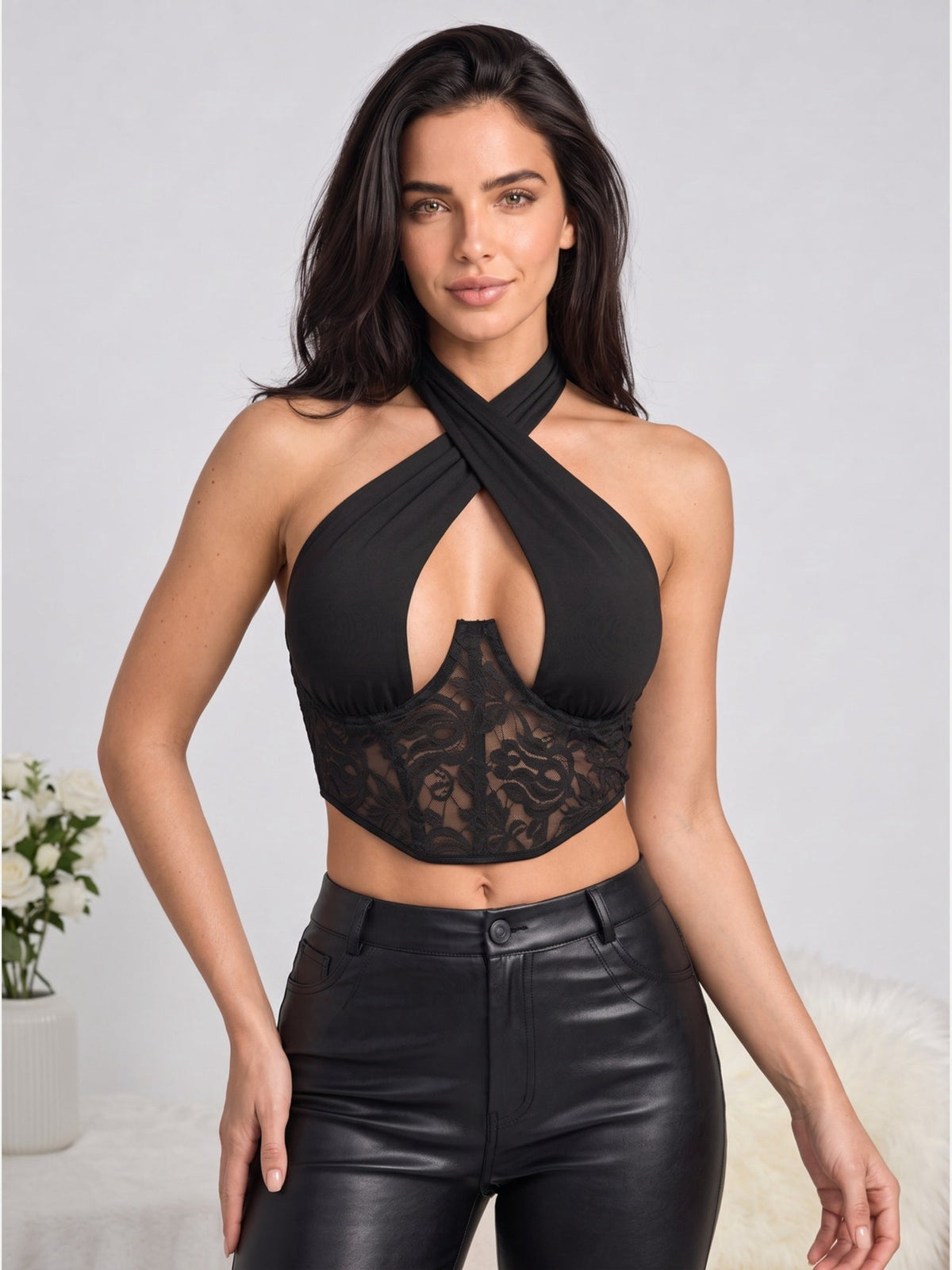 Halter Neck Lace-Panel Cutout Crop Top