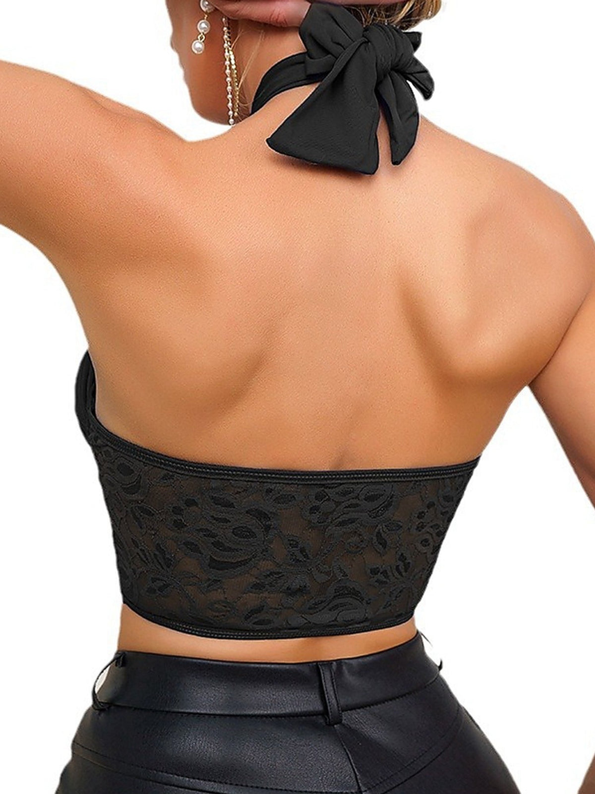 Halter Neck Lace-Panel Cutout Crop Top
