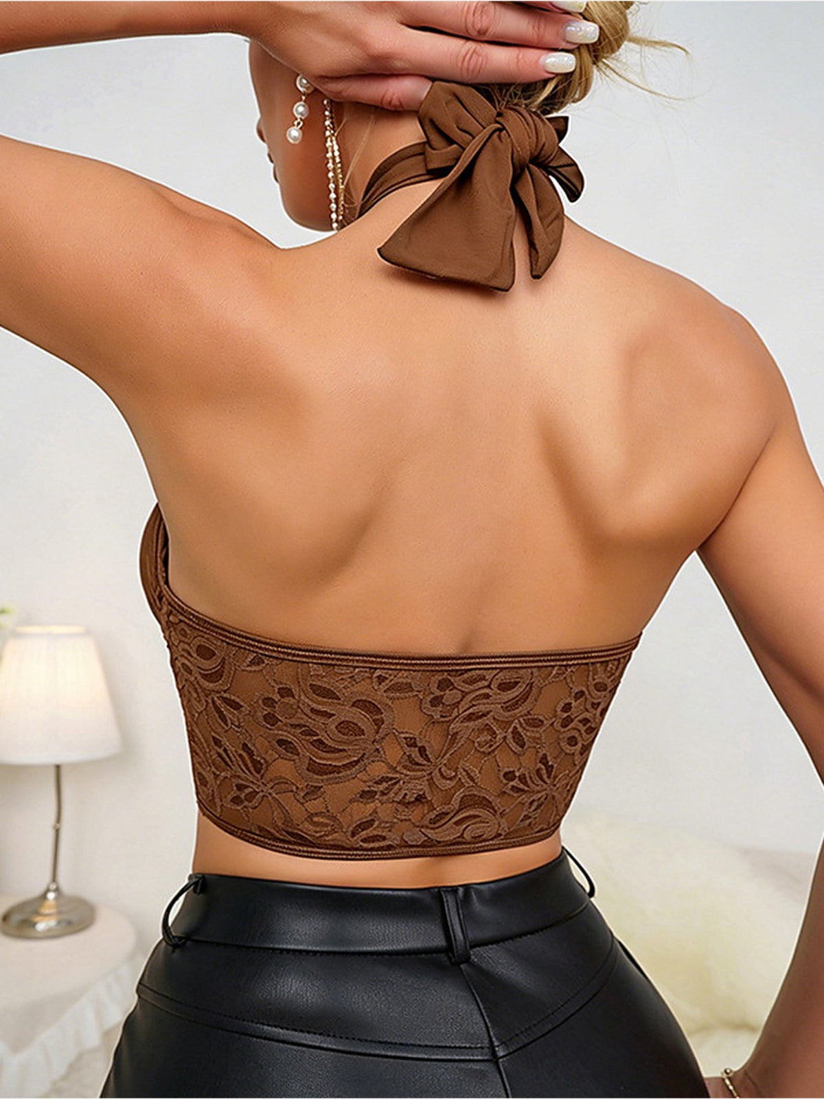 Halter Neck Lace-Panel Cutout Crop Top